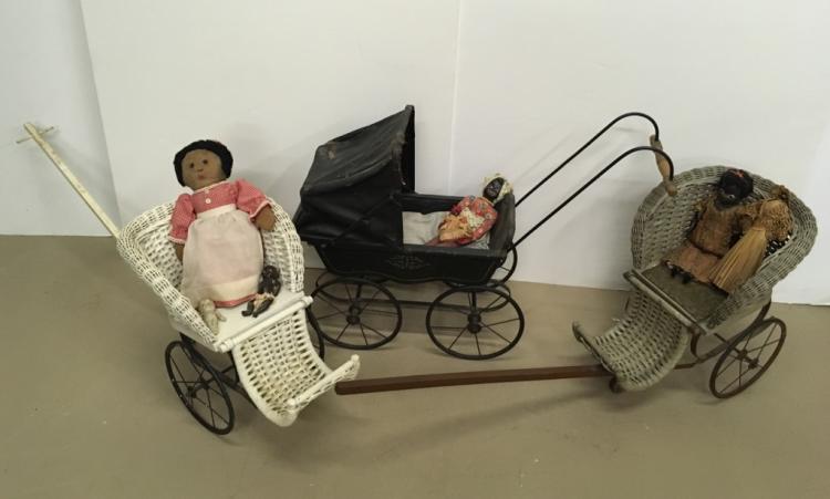 VINTAGE DOLL CARRIAGE, WICKER STROLLERS & DOLLS