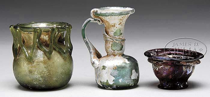 THREE ANCIENT ROMAN GLASS VESSELS.