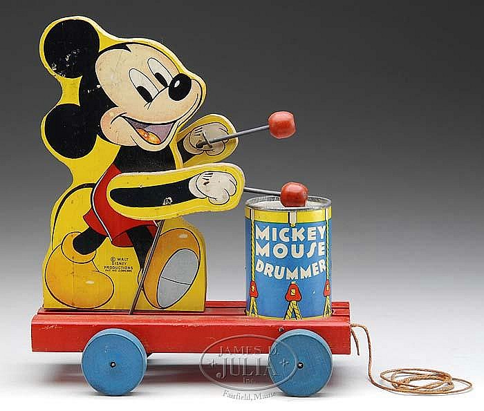 FISHER PRICE WALT DISNEY MICKEY MOUSE DRUMMER PULL TOY.