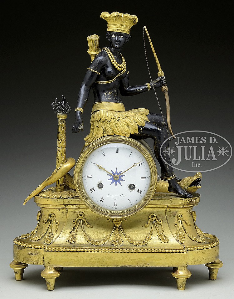 FRENCH EMPIRE ORMOLU PATINATED BRONZE MANTEL CLOCK.