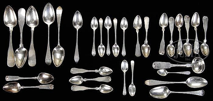 COLLECTION OF COIN SILVER & SILVER SPOONS BY VARIOUS MAKERS.
