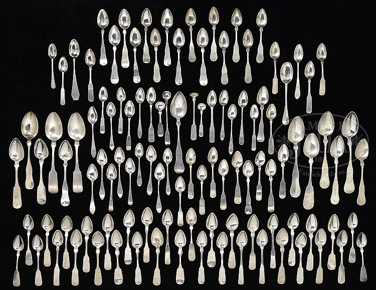 LARGE COLLECTION OF AMERICAN COIN SILVER SPOONS.