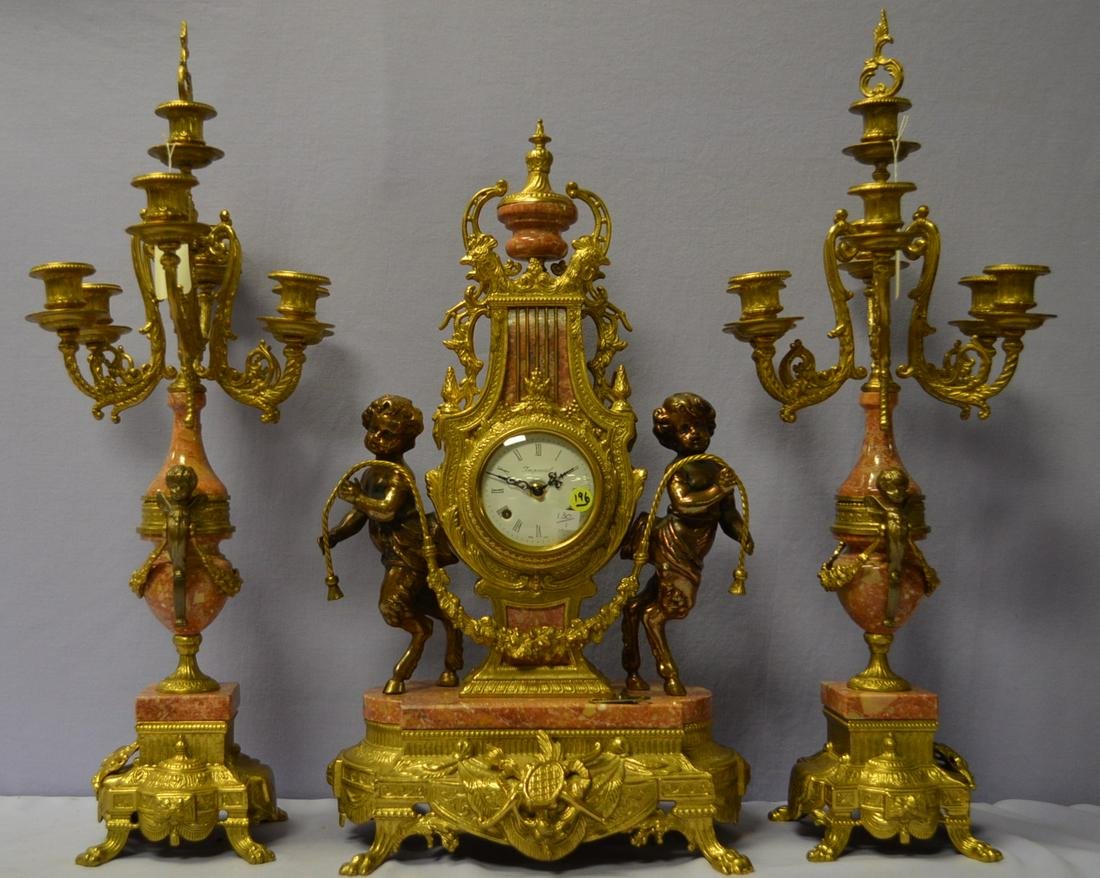ot Antique Imperial Statue Clock w/ Candelabras