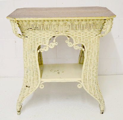 Antique Oak Top Wicker Parlor Table