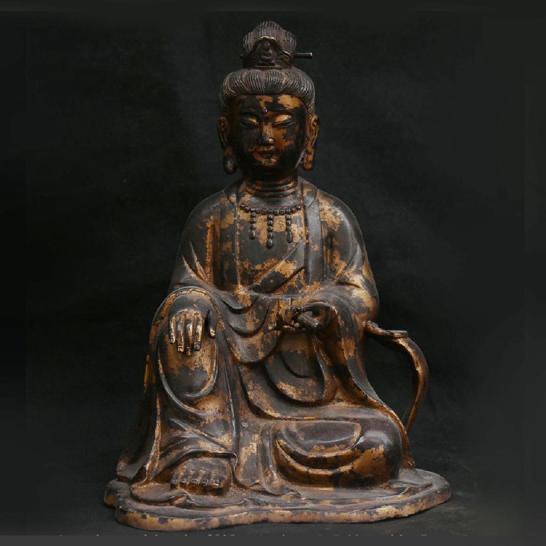 Antique China Bronze Gilt Seat Guan Yin