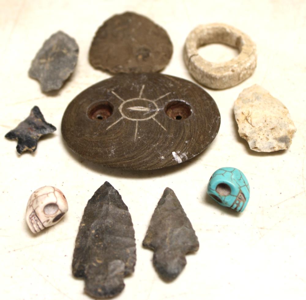 Ten Indian Artifacts, Gorget, Skull Beads, Arrowheads, Etc., Ohio Collectio