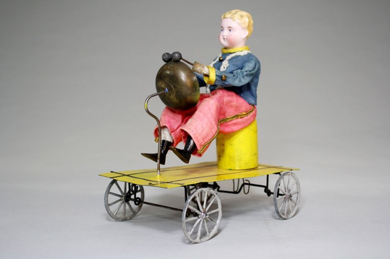 Boy Playing Drum Bell Toy Cast Iron