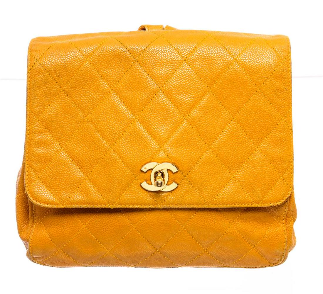 Chanel Yellow Quilted Caviar Leather CC Backpack