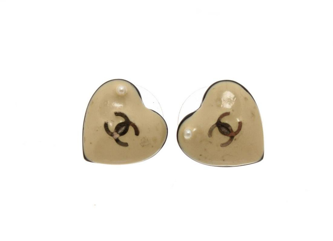 Chanel Cream Black CC Logo Heart Earrings