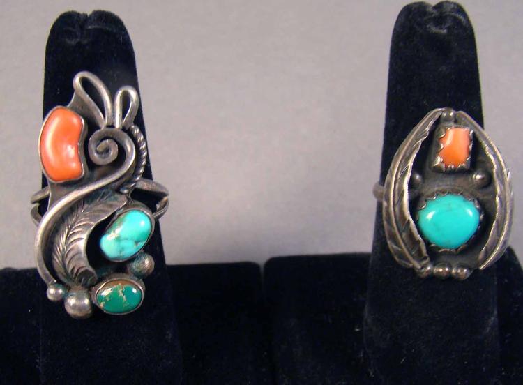 Pair of Ladies Native American Silver, Turquoise & Coral Rings