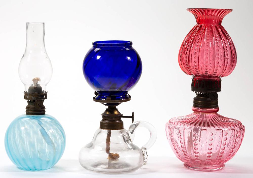 ASSORTED GLASS KEROSENE LAMPS, LOT OF THREE