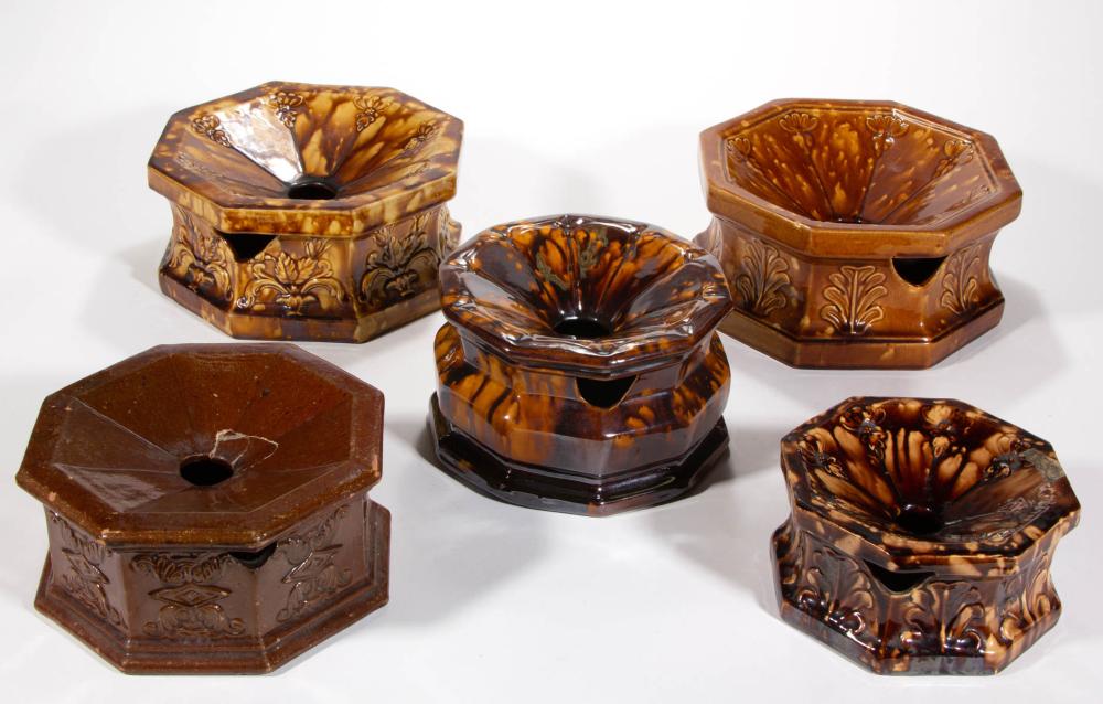 ASSORTED BROWN-GLAZED POTTERY SPITTOONS / CUSPIDORS, LOT OF FIVE