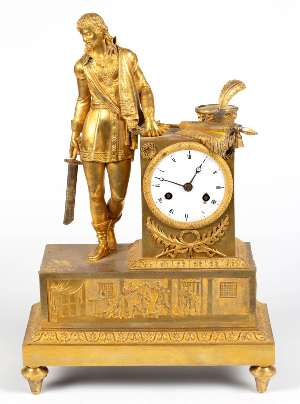 FRENCH CLASSICAL DORE GILT-METAL FIGURAL MANTEL CLOCK