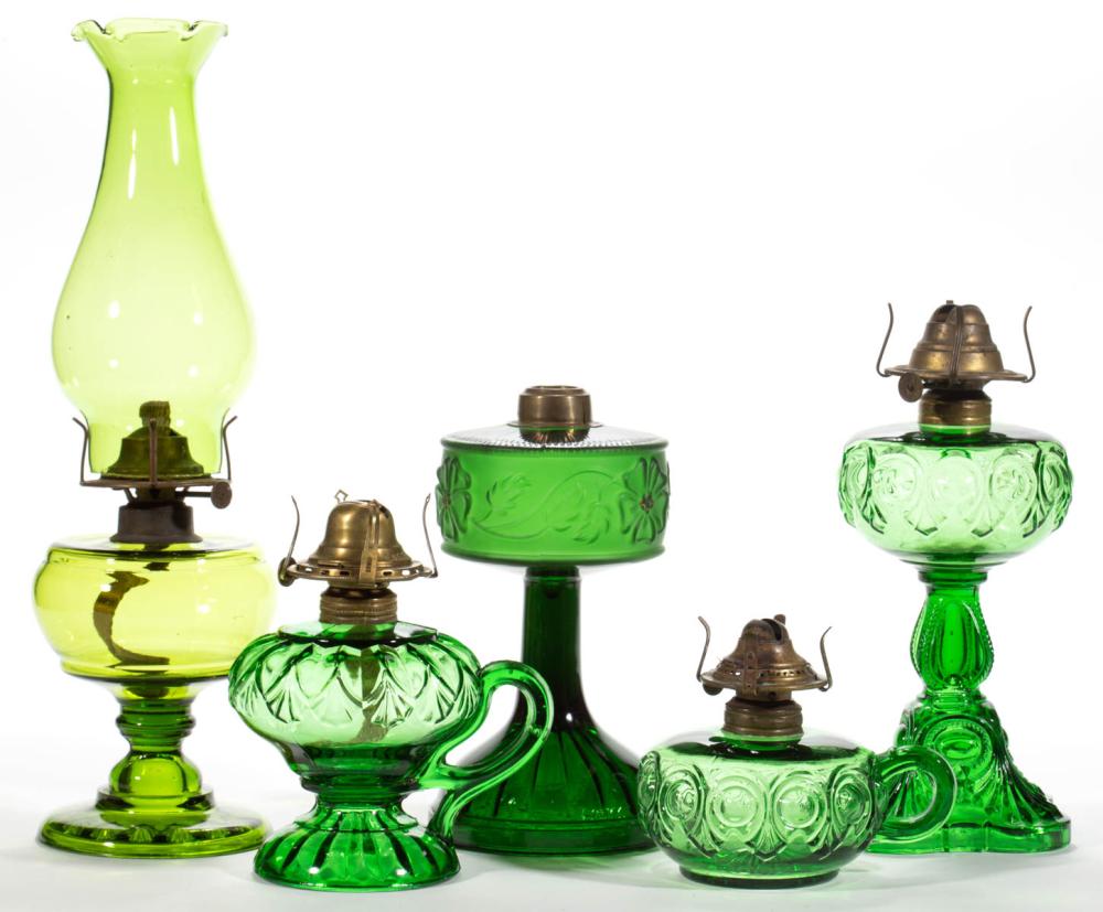 ASSORTED PATTERN KEROSENE LAMPS, LOT OF FIVE