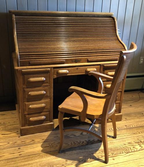 CIRCA 1910 OAK ROLL TOP DESK, OLDER REFINISH,