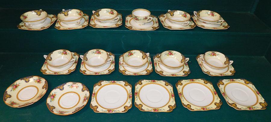 Lot English Porcelain Bouillon Cups, Plates, Saucers
