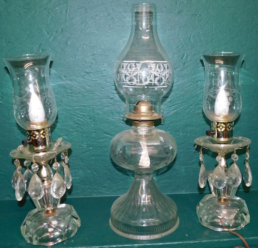 Pair Prism Lamps & Oil Lamp