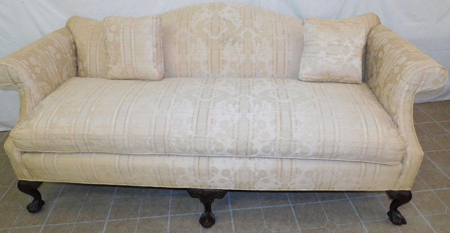 Mahogany & Uph Camel Back Sofa with Claw Feet