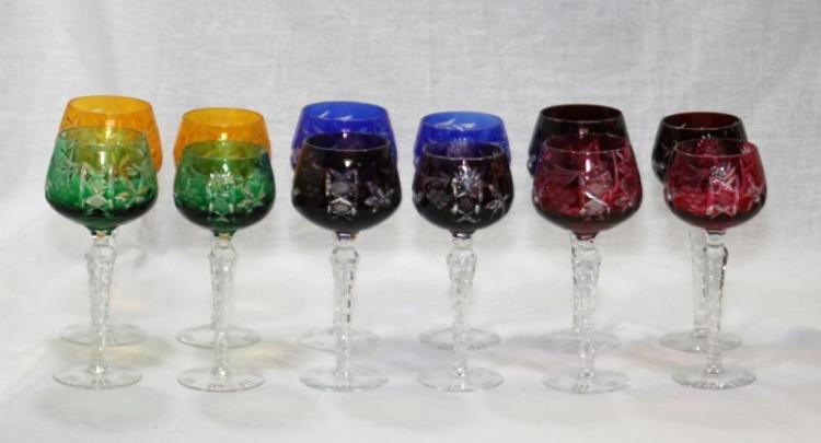 12 CUT BOHEMIAN CRYSTAL RED & WHITE WINE GLASSES