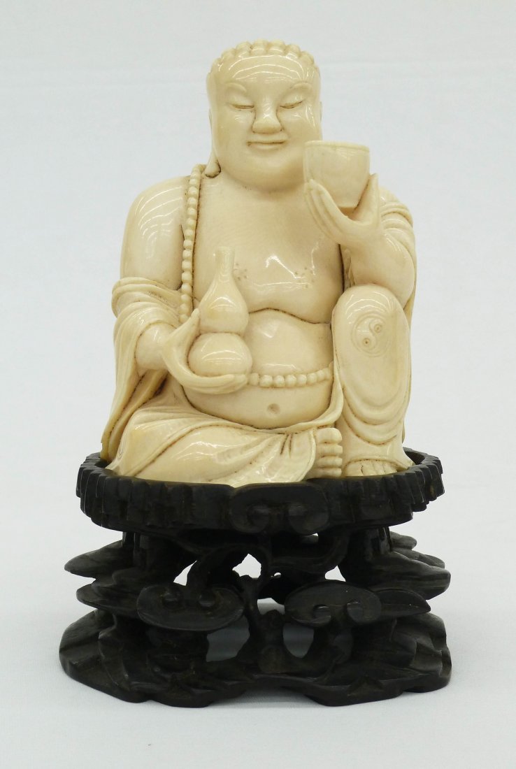 Antique Chinese Seated Buddha Carved Ivory Figure on