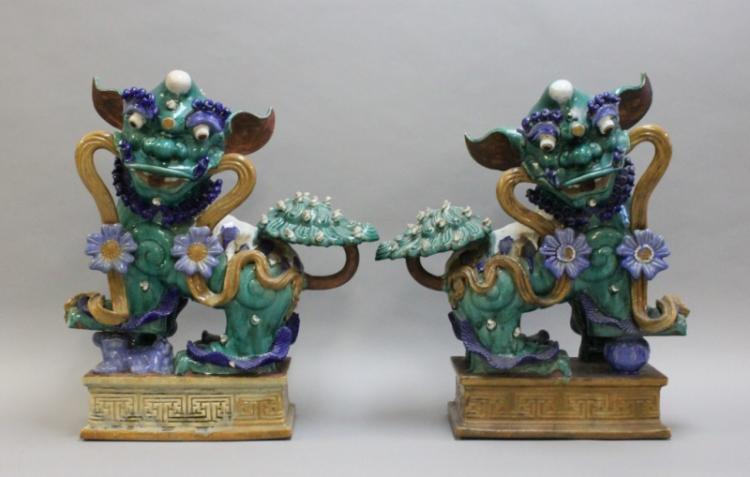 Large Chinese Glazed Terracotta Foo Dog Statues