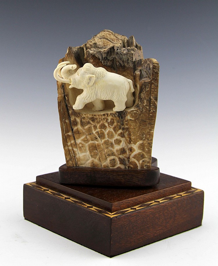 FOSSILZED MAMMOTH IVORY FIGURINE MAMMOTH & FAMILY