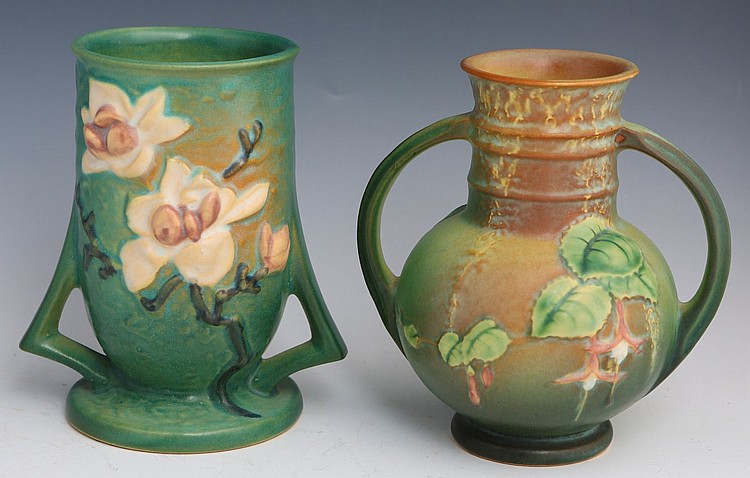 BLUE ROSEVILLE POTTERY VASES FUSCHIA & MAGNOLIA