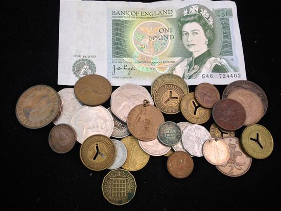 MIXED LOT BRITISH COINS AND CURRENCY AND TRANSIT TOKENS