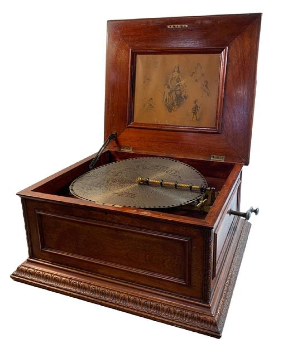 REGINA 15" MAHOGANY DISC MUSIC BOX WITH 14 DISCS
