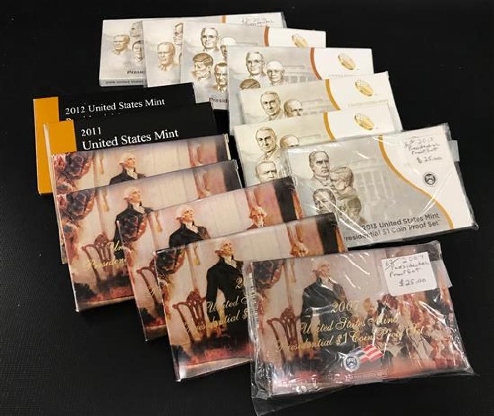 14 U.S. MINT PRESIDENTIAL $1 COIN PROOF SETS INCLUDING (3) 2007, 2008, 2010, 2011, 2012, 2013, (2) 2014, (2) 2015, AND (2) 2016