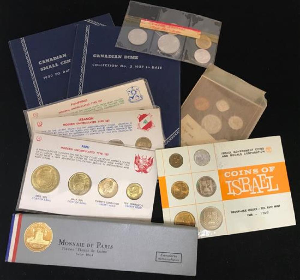 MIXED LOT FOREIGN COINS INCLUDING WHITMAN CANADIAN SMALL CENT COLLECTION WITH 31 COINS, WHITMAN CANADIAN DIME FOLDER WITH 23 COINS,...