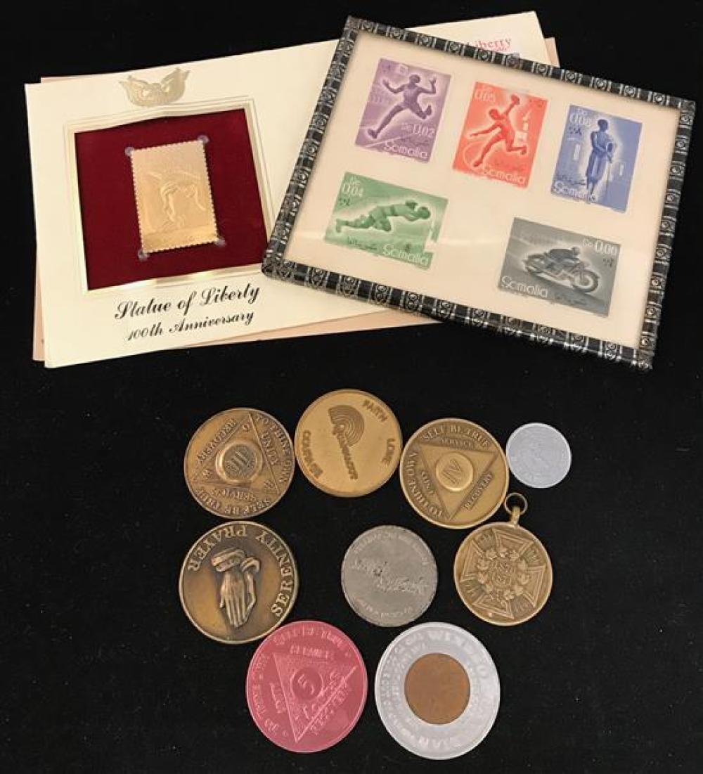 MIXED LOT INCLUDING FIRST DAY COVER, SOMALIA STAMPS, AND 9 TOKENS