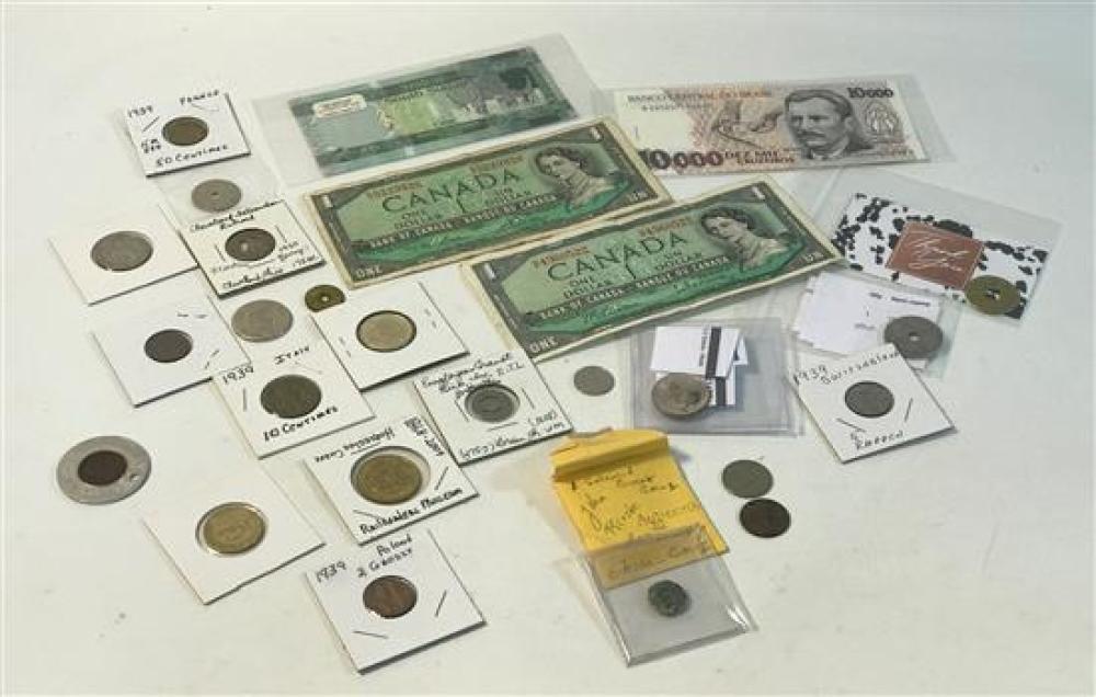 LOT FOREIGN COINS, CURRENCY AND TOKENS