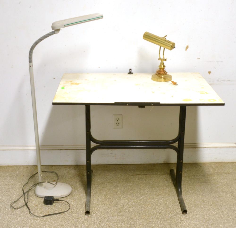Mid Century Drafting Table And Lighting Lot