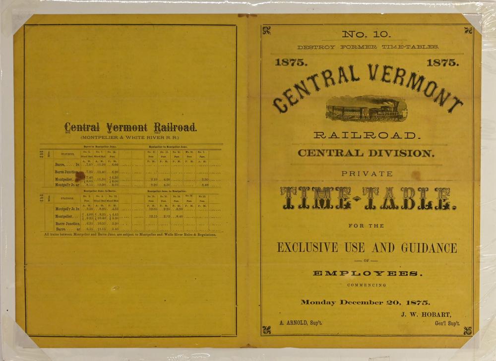 Central Vermont Railroad Private Time Table 1875