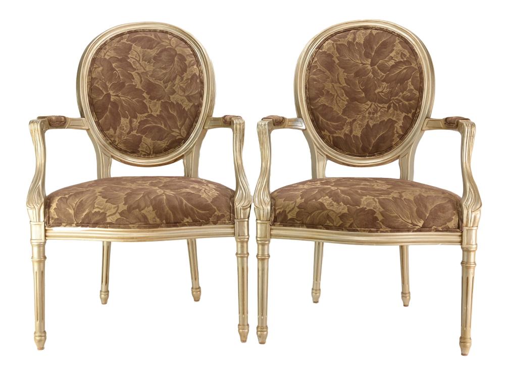 Pair French Louis XVI Style Gilded Armchairs