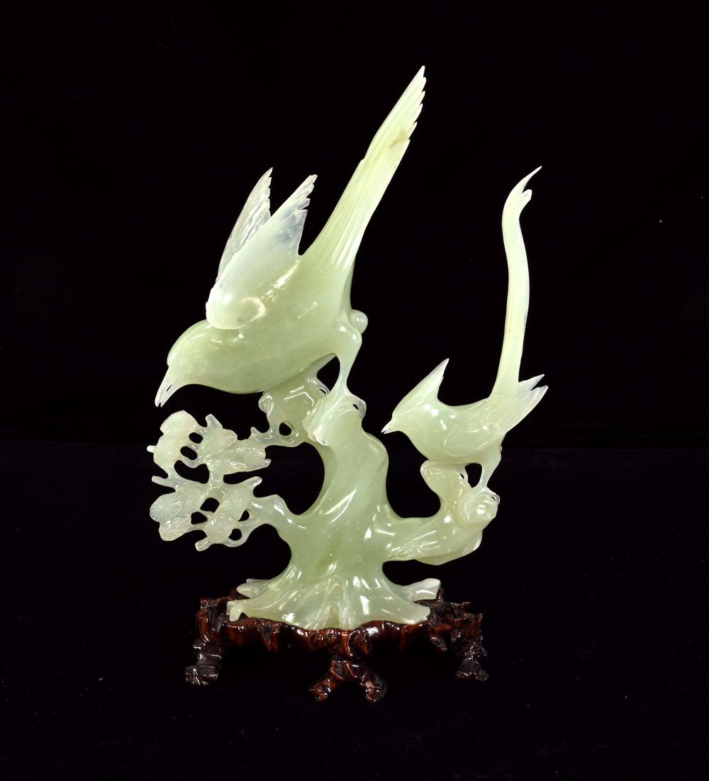 Antique Chinese Green Jade Hardstone Birds Carving