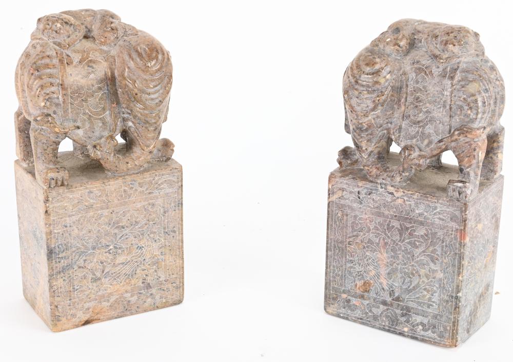 Chinese Carved Soapstone Elephant Bookends