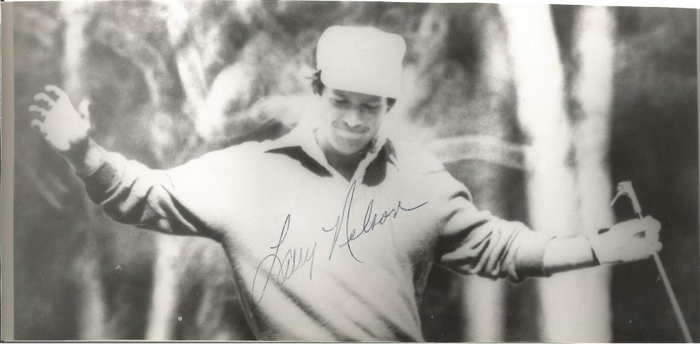 Golf Larry Nelson 8x4 signed b/w photo, typed signed letter and sponsors badge from one of Nelsons