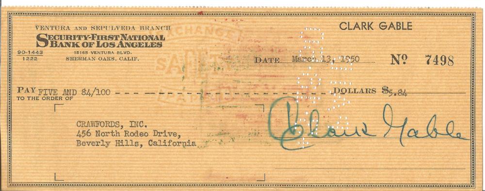 Clark Gable signed 1950 bank cheque, $5.84 to Crawfords Inc. Security First National Bank