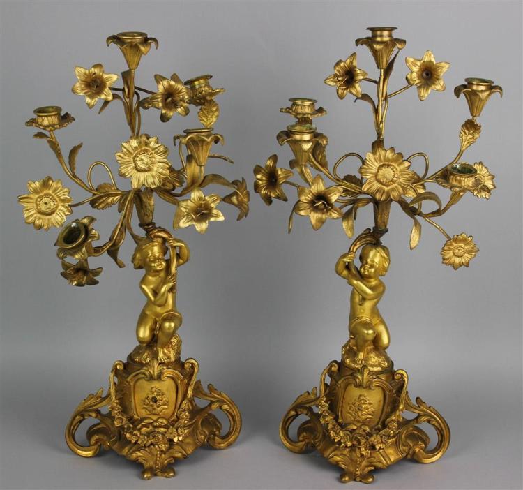 PAIR OF LOUIS XVI STYLE GILT BRONZE FIGURAL FIVE LIGHT CANDELABRA