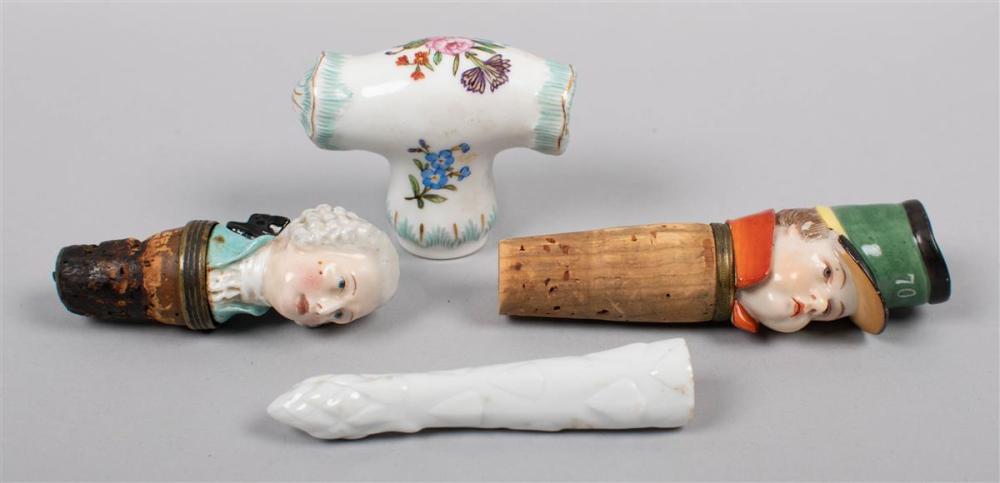 TWO GERMAN PORCELAIN WALKING STICK HANDLES, A MEISSEN WALKING STICK HANDLE AND A MEISSEN ETUI