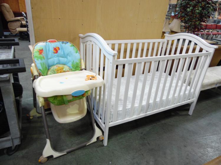 GRACO WHITE CRIB & FISHER PRICE HIGH CHAIR WITH PADS - LOCAL PICK-UP ONLY !!