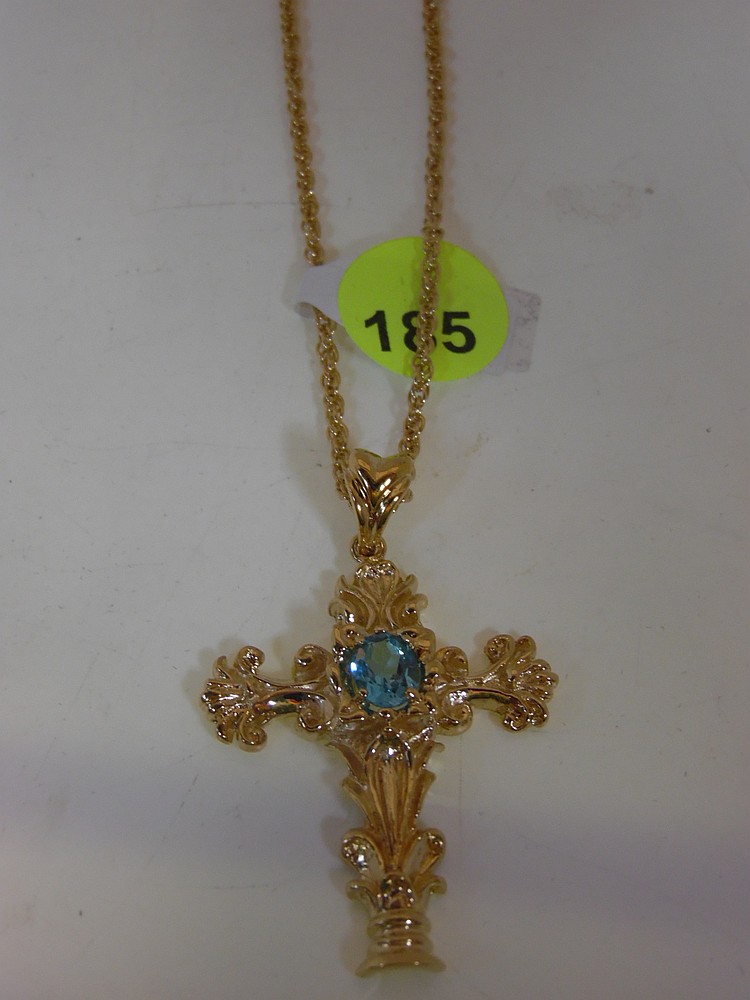 VERMEIL NECKLACE & CROSS PENDANT WITH AQUA COLORED GEMSTONE - 18"
