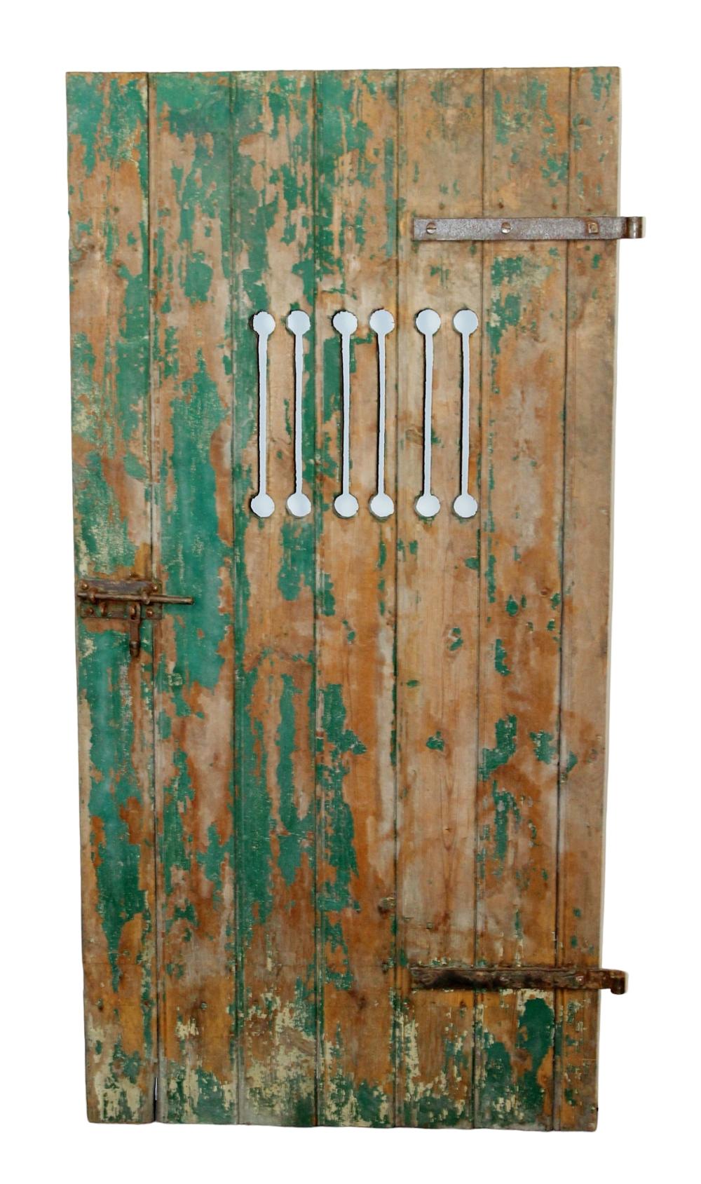 Antique French rustic painted pine door with iron hardware