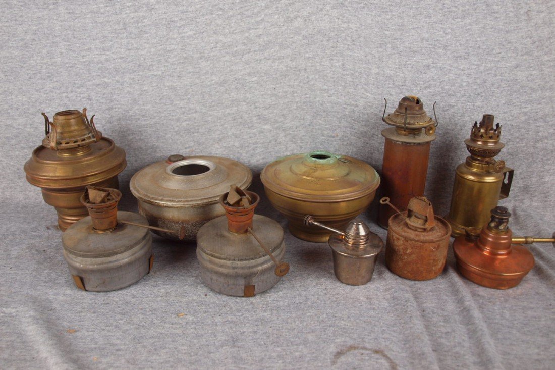 Lot of 10 assorted lamp bases, parts, some brass