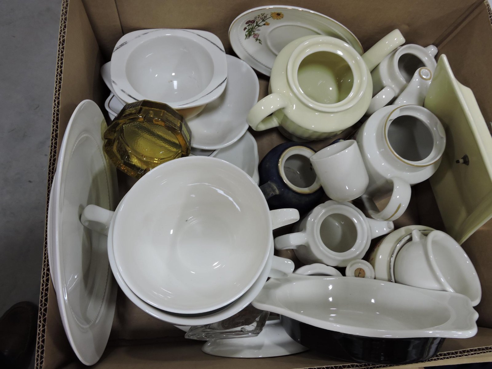 Hall China box of assorted wares