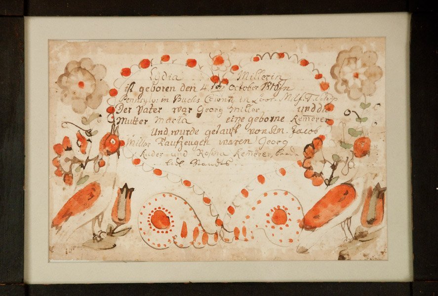Bucks County, PA Watercolor and Ink Fraktur, Signed and