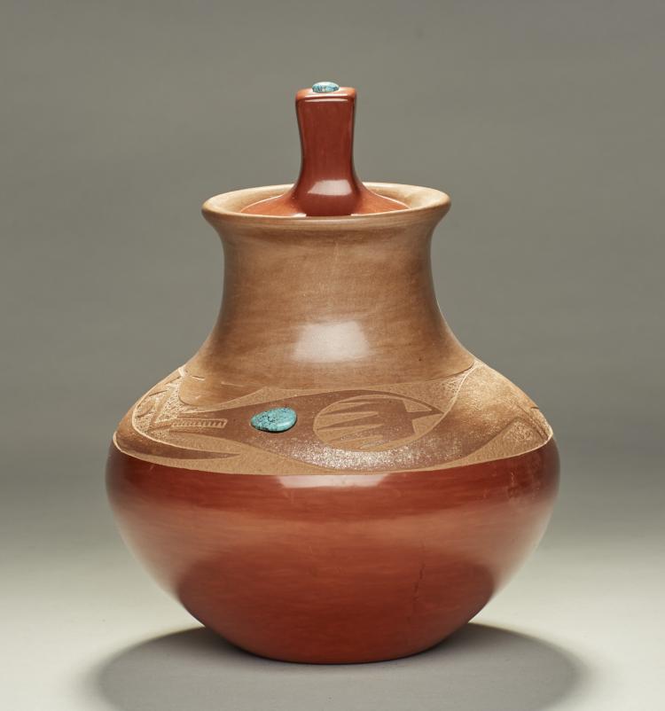 San Ildefonso signd Russell Sanchez Turquoise Jar