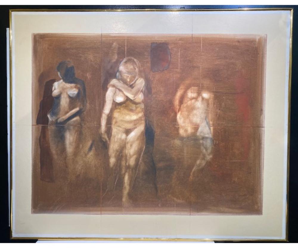 Large Vintage abstract oil painting of three nudes; signed on masonite